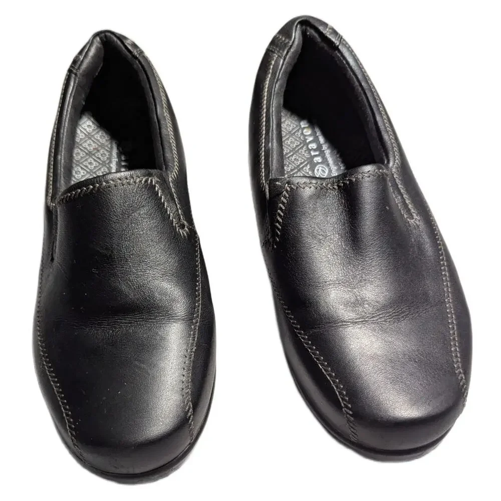 Aravon Black Leather Slip-On Seam Detail Comfort Wedge Walking Loafers Sz 6.5 D